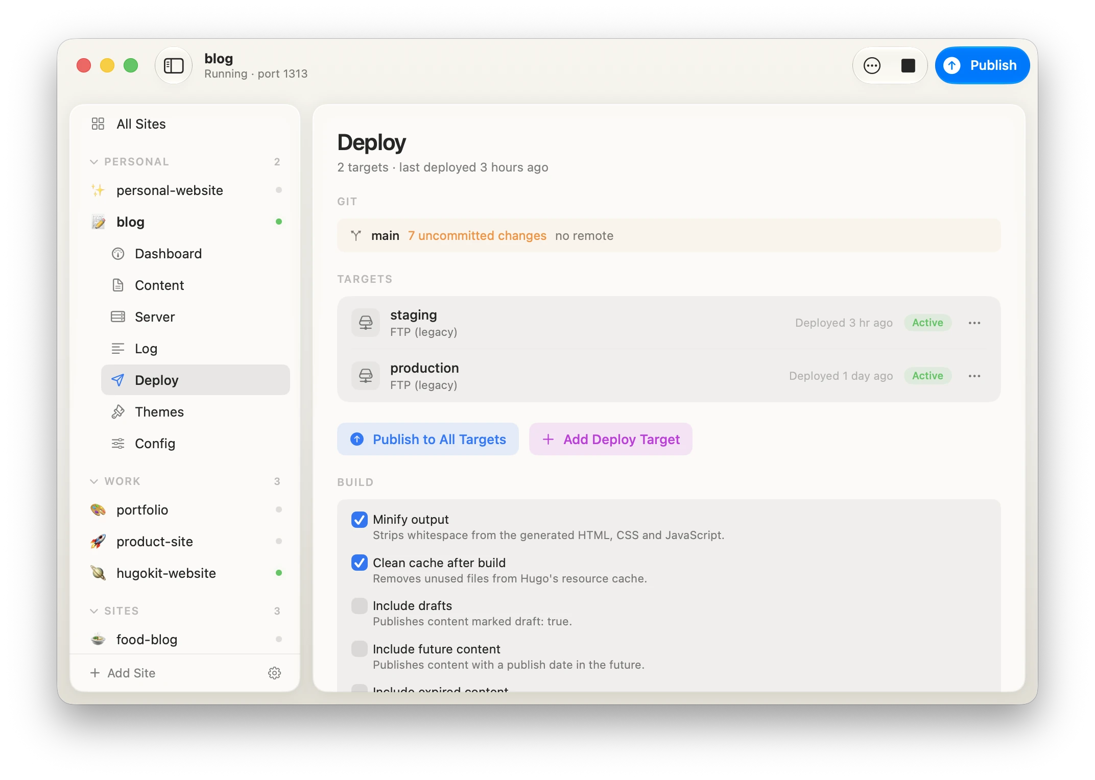 The Deploy view: a configured deploy target with Review Changes, Add Deploy Target and a history of successful deploys.